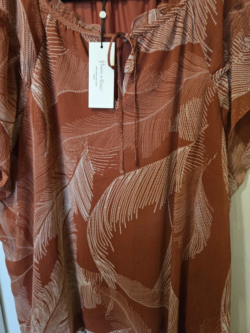 Rust Feather-Print Peasant Blouse with Tie Neck - Picture 3 of 8